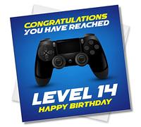 Punkcards Carte d'anniversaire 14 ans - Carte d'anniversaire pour joueur - Congratulation You Have Reached Level 14 Happy Birthday - Cartes d'anniversaire - 14 ans - Carte de jeu vidéo