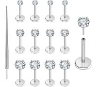 PunkTracker Lot de 13 boucles d'oreilles à tige plate en acier inoxydable chirurgical 316L pour tragus, hélix, lèvre, méduse 20 g/18 g/16 g, Métal, Zircon cubique