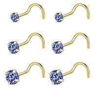 PunkTracker Lot de 6 piercings de nez en acier chirurgical 20 g Noir/doré 2 mm, 2,5 mm, 3 mm, Métal