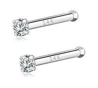 PunkTracker Piercing de nez hypoallergénique en or véritable 14 carats avec oxyde de zirconium imitation diamant 20 g, Or blanc