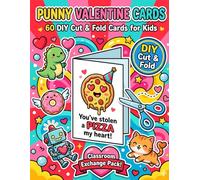 Punny Valentine Cards: DIY Coloring Book for Kids with 60 Funny Cut and Fold Greeting Cards for School Classroom Exchange - Dinos, Food, Animals & More