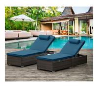 Lot De 2 Transats Coussins Bleus Foncé En Résine Tressée Avec Tablette Latérale Punta Cana Bleu