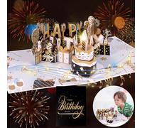 Pup Go Carte d'Anniversaire Musicale avec Lumières et Bougie Soufflable, Carte de Vœux 3D Pop-Up pour Femmes, Hommes, Enfants, Mari, Femme, Fille et Amis - Cadeau d'Anniversaire Idéal, Noir Or