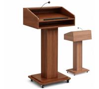 Pupitre avec Roulettes Blocables, Plateau Incliné et Rebord Antiglisse | Podium de Présentation en Bois avec Étagère Ouverte, Barre de Retenue Frontale et Coins Arrondis(Brown)