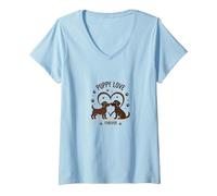 Puppy Love Forever : Adorable Couple de Chiens en Forme de cœur T-Shirt avec Col en V, Femme, Bleu Céleste, S