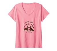 Puppy Love Forever : Adorable Couple de Chiens en Forme de cœur T-Shirt avec Col en V, Femme, Rose, XXL