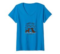 Puppy Love Forever : Adorable Couple de Chiens en Forme de cœur T-Shirt avec Col en V, Femme, Saphir, M