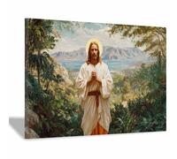 PUQAAEO Art chrétien Fleurs Et Jésus Peinture murale de Jésus, peinture murale chrétienne sur toile pour salon, chambre, église, bureau, canapé(vert)-60x90cm Encadrée