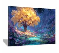 PUQAAEO Decoration Murale Arbre de Vie Coloré Arbre magique Moderne Impression sur Toile Image,nature Grand Tableaux Decoratifs Muraux,Salon Chambre Bureau(Or)-80x120cm Encadrée