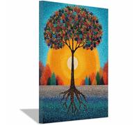 PUQAAEO Image de l'Arbre de Vie Coucher de soleil de l’arbre à points Peinture sur toile moderne, décoration murale abstraite pour salon, chambre, salle de bain, bureau(Multicolore)-40x60cm Encadrée