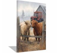PUQAAEO Impression sur Toile Vaches des Highlands à la ferme - Paysages de Décoration Murale pour Chambre Peintures à l'huile pour Maison Bain Salon(Multicolore)-70x100cm Encadrée