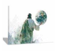 PUQAAEO Jesus-Poster Jésus et la planète Images sur toile ,Art mural Peintures, Convient pour la décoration de la chambre, du salon, du canapé et du bureau(Vert190)-50x70cm Encadrée