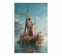 PUQAAEO Peinture murale chrétienne Jésus et le bateau Sacré-Cœur de Jésus,art chrétien,convenant pour un bureau,un salon, une chambre,une église et une(multicolore188)-60x90cm Sans cadre