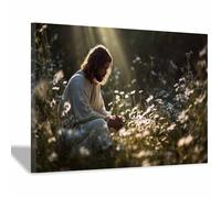 PUQAAEO Sacré-Cœur de Jésus Fleurs Et Jésus Décorations murales de salon,Toile murale,S'applique àDécoration de salon,couloir,chambre et salle de bain(doré)-80x120cm Encadrée