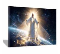 PUQAAEO Sacré-Cœur de Jésus Jésus et la terre peinture murale de salon, peinture murale chrétienne, adaptée au salon, à la chambre à coucher, à l'église(Couleur or52)-80x120cm Encadrée