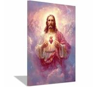 PUQAAEO Sacré-Cœur de Jésus Jésus et le cœur Œuvre sur toile, peinture murale chrétienne,adaptée au salon,à la chambre à coucher, à l'église,bureau(rose52)-40x60cm Encadrée