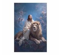 PUQAAEO Sacré-Cœur de Jésus Jésus et le lion Œuvre sur toile, peinture murale chrétienne,adaptée au salon,à la chambre à coucher, à l'église,bureau(multicolore182)-60x90cm Sans cadre