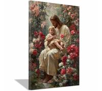 PUQAAEO Sacré-Cœur de Jésus Jésus et les fleurs Œuvre sur toile, peinture murale chrétienne,adaptée au salon,à la chambre à coucher, à l'église,bureau(rouge82)-80x120cm Encadrée