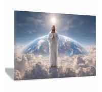 PUQAAEO Sacré-Cœur de Jésus Les nuages et Jésus Décorations murales de salon,Toile murale,S'applique àDécoration de salon,couloir,chambre et salle de bain(blanc)-80x120cm Encadrée