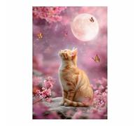 PUQAAEO sur Toile Animal Photos d'œuvres d'art Le chat et la lune pour Le Bureau à Domicile Décoration Moderne Peinture Murale d'art l'image imprimée(rose)-60x90cm Sans cadre