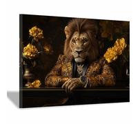 PUQAAEO tableau d'œuvres d'art animales Le Lion en costume art mural populaire, pour la décoration murale du salon, de la chambre à coucher, Bureau et cuisine(Or26)-70x100cm Encadrée