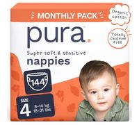 Pura Couches Écologiques Taille 4 (8-14kg), Pack Mensuel de 144 Ultra Douces pour Peau Sensible, Coton Bio, 12 Heures de Protection
