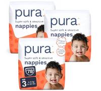 Pura Couches pour bébé taille 3, 78 pièces, 4 à 9 kg, couches Cloud Soft de qualité supérieure pour peaux hypoallergéniques et sensibles, sans toxines*, Blowout Blocker™, jusqu'à 12 heures de