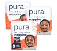 Pura Couches pour bébé taille 6, 60 pièces, 13 kg +, couches Cloud Soft de qualité supérieure pour peaux hypoallergéniques et sensibles, sans toxine*, Blowout Blocker™, protection contre les fuites