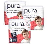 Pura Couches taille 9, 45 pièces, 22 kg + kg, ajustement extensible à 360°, culotte d'apprentissage de la propreté pour peaux hypoallergéniques et sensibles, jusqu'à 12 heures de protection contre les