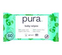 Pura Lingettes Bébé, 60 Lingettes (1x Paquet), 99% D'eau, 100% Sans Plastique, Sans Parfum pour Peaux Sensibles, Aloe Vera, Végétalien, Testées Dermatologiquement