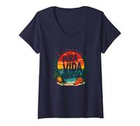 Pura Vida Boricua : Tropical Paradise Puerto Rico Pride T-Shirt avec Col en V, Femme, Bleu Marine, XL
