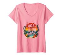 Pura Vida Boricua : Tropical Paradise Puerto Rico Pride T-Shirt avec Col en V, Femme, Rose, XXL
