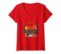 Pura Vida Boricua : Tropical Paradise Puerto Rico Pride T-Shirt avec Col en V, Femme, Rouge, S