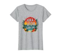 Pura Vida Boricua : Tropical Paradise Puerto Rico Pride T-Shirt, Femme, Gris Chiné, M