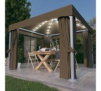 PURADAY Tonnelle avec rideaux et guirlande lumineuse LED, 3 x 3 m, couleur taupe, pergola, tonnelle de jardin, terrasse, auvent, autoportant, pour les réunions de famille et diverses activités de