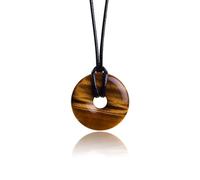 PURAJA Pendentif en pierre précieuse authentique: Oeil de tigre | Collier en cristal avec pendentif donut et ruban en corde de qualité | Pierre de guérison/porte-bonheur en minéraux