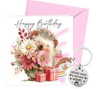 PURCAFT Carte d'anniversaire en forme de hérisson aquarelle avec enveloppes, porte-clés, carte pour les amateurs de hérisson, les collègues, les amis, la famille