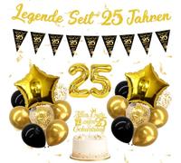 PURCAFT Décoration d'anniversaire noire et dorée - Guirlande « Legende depuis 25 ans » - Décoration d'anniversaire pour homme avec ballons en aluminium et décoration de gâteau pour anniversaire de
