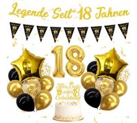 PURCAFT Décoration d'anniversaire pour garçon, noir et or, bannière dorée à paillettes « Legende depuis 18 ans » - Accessoires de fête complets avec ballons et décoration de gâteau pour adultes (18e