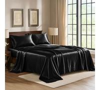 Pure Bedding Lot de 4 draps-Housses en Satin Noir de Luxe Anti-Taches avec Poches Profondes, Drap Plat et taies d'oreiller