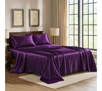 Pure Bedding Lot de 4 draps-Housses en Satin Violet de Luxe Anti-Taches avec Poches Profondes, Drap Plat et taies d'oreiller