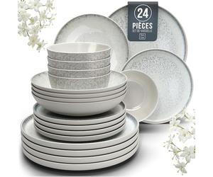Pure Living Service de table 24 pièces pour 6 personnes - Beau service de table en grès de style méditerranéen pour 6 personnes - Passe au lave-vaisselle et au micro-ondes - Par Pure Living in Beige