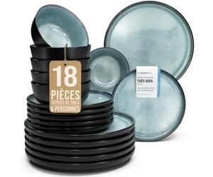 Pure Living Service de table en faïence pour 6 personnes, 18 pièces, vainqueur du test, ensemble de vaisselle en faïence méditerranéenne, bol et assiettes, service de table pour 6 personnes, set de
