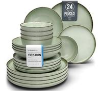 Pure Living Service de table en faïence rustique pour 6 personnes 24 pièces Vainqueur du test Style maison de campagne de qualité supérieure Vert menthe
