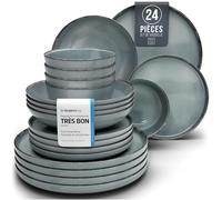 Pure Living Service de table en faïence rustique pour 6 personnes 24 pièces Vainqueur du test Style maison de campagne de qualité supérieure Bleu fumé