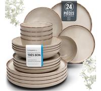 Pure Living Service de table en faïence rustique pour 6 personnes 24 pièces Vainqueur du test Style maison de campagne Service de table en faïence de qualité supérieure Beige
