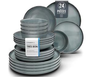 Pure Living Service de table en faïence rustique pour 6 personnes 24 pièces Vainqueur du test Style maison de campagne de qualité supérieure Bleu fumé