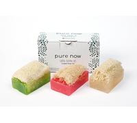 Pure Now Lot de 3 savons luffa (3 x 100 g) - À l'aloe vera, à l'huile de rose et à l'eau de riz - Végétalien, exfoliant naturel, hydratant