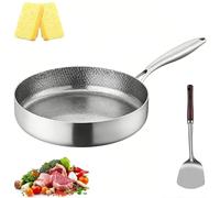 Pure Titanium Frying Pan, 18/10 Stainless Steel Hammered & Fish Scale Surface, Scratch Resistant Non-Stick Pan with Lid, PTFE & PFOA Free, Induction Compatible, Dishwasher Safe (Without Lid,28CM)