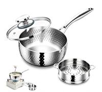Pure Titanium Saucepan with Lid, Uncoated Titanium Pot, Lightweight Sauce Pan for Soup, Milk, Noodles and Sauces, Compatible with All Stovetops (With Steamer,7.1 in)